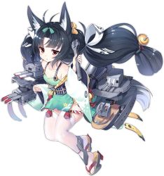 Rule 34 | 1girl, :o, animal ear fluff, animal ears, antenna hair, azur lane, bare shoulders, black hair, blush, bow, cannon, closed eyes, closed mouth, collarbone, detached sleeves, dress, fox ears, full body, green bow, green dress, green sleeves, grey background, hair bow, holding, holding wrench, kaede (yumesaki kaede), long hair, long sleeves, looking at viewer, machinery, nose blush, official art, parted lips, red eyes, remodel (azur lane), rudder footwear, sandals, short dress, sleeveless, sleeveless dress, sleeves past wrists, smile, thighhighs, transparent background, turret, twintails, very long hair, white thighhighs, wide sleeves, wrench, yellow bow, yuubari (azur lane), yuubari (retrofit) (azur lane), zouri
