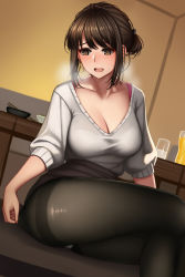 Rule 34 | 1girl, black pantyhose, blush, bowl, breasts, brown eyes, brown hair, chopsticks, cleavage, cup, douki-chan (douki-chan), dress, drinking glass, dydydyok, ganbare douki-chan, highres, large breasts, looking down, miniskirt, open mouth, pantyhose, pencil dress, pencil skirt, sidelocks, sitting, skirt, sweater, table, thighs, torn clothes, white sweater