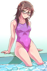 Rule 34 | 1girl, arm support, blush, brown eyes, brown hair, competition swimsuit, e20, closed eyes, glasses, houzumi satsuki, long hair, one-piece swimsuit, original, pink one-piece swimsuit, sitting, smile, soaking feet, solo, speedo (company), swimsuit, water
