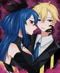 Rule 34 | 1boy, 1girl, black bow, black dress, black ribbon, blue eyes, blue hair, bow, chibakun, couple, dizzy (guilty gear), dress, ear piercing, formal, guilty gear, hair rings, hand on another&#039;s face, hug, husband and wife, ky kiske, long hair, looking at viewer, necktie, piercing, red eyes, ribbon, short hair, sidelocks, slit pupils, suit, tongue, tongue out, twintails