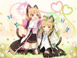 Rule 34 | 2girls, :d, animal, animal ear headphones, animal ears, black footwear, black legwear, black shorts, black skirt, blonde hair, blue archive, blue bow, boots, bow, bug, butterfly, cat ear headphones, commentary request, fake animal ears, flower, flower wreath, green eyes, hair bow, halo, head wreath, headphones, heart, insect, jacket, kneeling, layered sleeves, long sleeves, midori (blue archive), momoi (blue archive), multiple girls, nishina kakeri, on grass, open clothes, open jacket, open mouth, pink flower, pleated skirt, red bow, red eyes, shirt, short over long sleeves, short shorts, short sleeves, shorts, siblings, sisters, sitting, skirt, smile, thighhighs, thighhighs under boots, wariza, white jacket, white shirt, wide sleeves