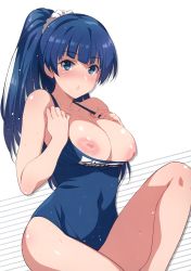Rule 34 | 1girl, absurdres, blue eyes, blue hair, breasts, breasts out, cleavage, clothes pull, covered navel, cropped, detexted, hair ornament, hair scrunchie, hands up, highres, inue shinsuke, inverted nipples, large areolae, large breasts, looking at viewer, nipples, non-web source, one-piece swimsuit, one-piece swimsuit pull, original, parted lips, ponytail, scan, school swimsuit, scrunchie, simple background, sitting, solo, swimsuit, third-party edit, wet