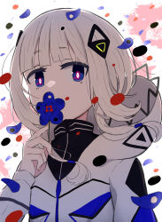 Rule 34 | 1girl, absurdres, blue eyes, blunt bangs, cevio, diamond hair ornament, falling petals, flower, hair ornament, highres, holding, holding flower, hood, hood down, hooded jacket, jacket, kafu (cevio), long hair, long sleeves, looking at viewer, low twintails, multicolored eyes, nemo 81612100, paint splatter, petals, pink nails, solo, twintails, white background, white hair, white jacket