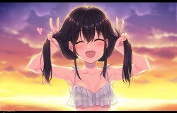 Rule 34 | 1girl, :d, ^ ^, armpits, bare arms, bare shoulders, bikini, black hair, blurry, blurry background, breasts, bunching hair, closed eyes, cloud, cloudy sky, collarbone, depth of field, facing viewer, hair between eyes, horizon, letterboxed, long hair, minamura haruki, ocean, open mouth, original, sky, small breasts, smile, solo, sunset, swimsuit, twintails, twitter username, upper body, white bikini
