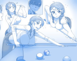 Rule 34 | ^^^, ball, bent over, billiard ball, billiards, blue theme, braid, breast rest, breasts, cleavage, closed mouth, cue stick, denim, ekz (robotekz), flying sweatdrops, hair over shoulder, highres, jeans, large breasts, medium hair, monochrome, original, pants, pool table, shaded face, sweat, table, thick eyebrows, twin braids, wavy mouth