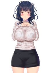 Rule 34 | 1girl, absurdres, arms at sides, black hair, black skirt, blush, bra, bralines, breasts, cowboy shot, hands on own chest, highres, huge breasts, interlocked fingers, looking at viewer, nanatsu (pixiv1467365), natsu (nattiyann), original, own hands together, parted lips, pencil skirt, red eyes, ribbed sweater, simple background, skirt, sleeves past wrists, solo, sweater, thighs, turtleneck, turtleneck sweater, underwear, white background