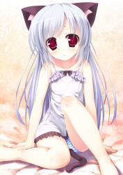 Rule 34 | 1girl, absurdres, animal ears, asou natsume, barefoot, blush, camisole, cat ears, highres, legs, long hair, open mouth, original, panties, pantyshot, red eyes, silver hair, sitting, solo, striped clothes, striped panties, tail, underwear