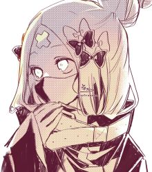 Rule 34 | 1girl, abigail williams (fate), abigail williams (traveling outfit) (fate), bow, fate/grand order, fate (series), hair bow, hair bun, hand up, heroic spirit traveling outfit, highres, jacket, long sleeves, looking away, mask, monochrome, mouth mask, multiple hair bows, official alternate costume, parted bangs, signature, simple background, single hair bun, sleeves past wrists, sofra, solo, twitter username, upper body, white background