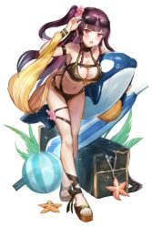 Rule 34 | 1girl, adjusting eyewear, arm strap, bag, ball, bare shoulders, beach umbrella, beachball, bikini, black bikini, blush, bow, breasts, choker, cleavage, flower, footwear bow, frown, full body, girls&#039; frontline, hair flower, hair ornament, hair ribbon, half updo, himonoata, holding, inflatable dolphin, inflatable toy, large breasts, leaning forward, long hair, looking at viewer, one side up, open mouth, purple hair, red eyes, ribbon, shoes, simple background, solo, starfish, sunglasses, sunglasses on head, swimsuit, thigh strap, tsurime, umbrella, very long hair, wa2000 (girls&#039; frontline), wet, white background, wrist straps