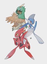 Rule 34 | alternate color, artisan0849, beak, blue hair, claws, closed mouth, colored skin, commentary request, creatures (company), decidueye, gallade, game freak, gen 2 pokemon, gen 4 pokemon, gen 7 pokemon, highres, insect wings, nintendo, no humans, orange eyes, pokemon, pokemon (creature), red eyes, red skin, scizor, shiny pokemon, simple background, standing, talons, white background, white skin, wings, yellow eyes