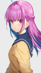 Rule 34 | 1girl, :d, ahoge, alternate hairstyle, blue hair, blue sailor collar, blush, braid, brown sweater, cg (2686805355), colored inner hair, commentary request, french braid, from side, grin, hololive, long hair, long sleeves, looking at viewer, looking to the side, minato aqua, multicolored hair, open mouth, purple eyes, purple hair, sailor collar, school uniform, serafuku, smile, solo, straight hair, sweater, teeth, two-tone background, upper body, virtual youtuber