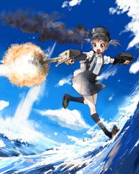 Rule 34 | 10s, 1girl, blue hair, cannon, chimney, hat, kantai collection, ocean, ooshio (kancolle), open mouth, pleated skirt, school uniform, shirt, short hair, short twintails, skirt, smokestack, solo, suspender skirt, suspenders, takada (takada-k), torpedo, turret, twintails, water, white shirt