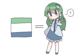 Rule 34 | 1girl, ?, bare shoulders, blue eyes, blue skirt, chibi, collared shirt, detached sleeves, eyes visible through hair, familymart, frilled skirt, frills, frog hair ornament, green hair, hair ornament, hair tubes, kochiya sanae, shirt, shoes, sigure0210, simple background, single hair tube, single sidelock, skirt, snake hair ornament, solo, sweatdrop, touhou, white background