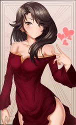 Rule 34 | 1girl, absurdres, bare shoulders, black hair, blush, breasts, cinder fall, cleavage, cowboy shot, dress, heart, highres, hip focus, looking at viewer, medium breasts, off shoulder, orange eyes, oxenia, red dress, rwby, smile, solo, strapless, strapless dress, thighs, v, wide hips
