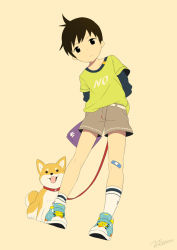 Rule 34 | 1boy, arms behind back, artist name, bandaid, bandaid on knee, bandaid on leg, black eyes, black hair, clothes writing, collar, dog, dutch angle, head tilt, leash, legs, light frown, looking at viewer, male focus, noeyebrow (mauve), original, paw print, shiba inu, shoes, shorts, simple background, socks, solo, standing