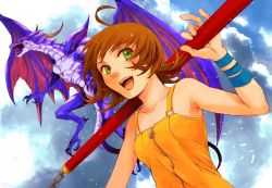Rule 34 | 1990s (style), 1girl, :d, ahoge, bahamut (final fantasy), brown hair, claws, collarbone, d-maker, dragon, final fantasy, final fantasy viii, green eyes, monster, nunchaku, open mouth, selphie tilmitt, sky, smile, weapon, wings