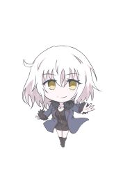 Rule 34 | 1girl, absurdres, ahoge, black dress, black footwear, blue coat, breasts, chibi, coat, commentary request, dress, fate/grand order, fate (series), full body, fur collar, fur trim, gorofulu, highres, jeanne d&#039;arc (fate), jeanne d&#039;arc alter (fate), jeanne d&#039;arc alter (ver. shinjuku 1999) (fate), jewelry, large breasts, necklace, official alternate costume, open clothes, open coat, short hair, silver hair, smile, tsurime, white background, wicked dragon witch ver. shinjuku 1999, yellow eyes