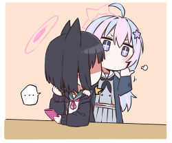 Rule 34 | + +, ..., 2girls, absurdres, ahoge, animal ears, b.t. (boob tong), black coat, black hair, black jacket, blue archive, blunt bangs, cat ears, cat girl, cellphone, chibi, coat, commentary request, extra ears, hair between eyes, hair ornament, hairclip, halo, highres, holding, holding phone, hood, hooded jacket, jacket, kazusa (blue archive), long hair, looking at another, low twintails, multicolored hair, multiple girls, open clothes, open coat, open jacket, phone, pleated skirt, purple eyes, red eyes, reisa (blue archive), school uniform, serafuku, short hair, sidelocks, simple background, skirt, smartphone, star (symbol), star hair ornament, twintails, two-tone hair