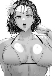 Rule 34 | 1girl, bikini, breasts, cleavage, daraz, flower, fubuki (one-punch man), greyscale, hair flower, hair ornament, highres, large breasts, looking at viewer, monochrome, one-punch man, open mouth, swimsuit, wet