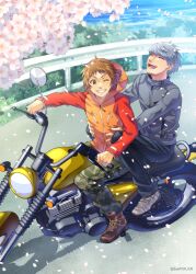 Rule 34 | 2boys, :d, ^ ^, black jacket, boots, brown footwear, brown hair, cherry blossoms, closed eyes, commentary request, day, driving, falling petals, friends, from above, grey hair, grin, hanamura yousuke, highres, hug, hug from behind, jacket, motor vehicle, motorcycle, multiple boys, narukami yuu, one eye closed, open mouth, outdoors, pants, persona, persona 4, petals, red jacket, sato-pon, short hair, sitting, smile, spiked hair, teeth, twitter username, v-shaped eyebrows, white footwear