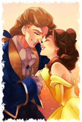 Rule 34 | 1boy, 1girl, bare shoulders, beast (disney), beauty and the beast, belle (disney), blue eyes, brown hair, disney, dress, earrings, elbow gloves, closed eyes, gloves, highres, humanization, jewelry, lipstick, makeup, md5 mismatch, personification, prince adam, red lips, smile, u-min, white gloves, yellow dress, yellow gloves