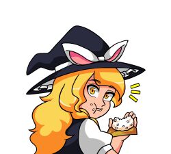 Rule 34 | 1girl, aimturein, black hat, black vest, blonde hair, bow, eating, full mouth, hat, hat bow, highres, kirisame marisa, long hair, looking back, shirt, simple background, solo, touhou, vest, white background, white shirt, witch hat, yellow eyes