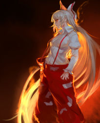 Rule 34 | 1girl, absurdly long hair, arm garter, arm strap, baggy pants, bow, breasts, clenched hand, collared shirt, commentary request, dark background, feet out of frame, fiery hair, fire, fire, flaming eye, floating hair, from below, fujiwara no mokou, grey hair, hime cut, inishie kumo, juliet sleeves, long hair, long sleeves, looking down, looking to the side, one-hour drawing challenge, orange eyes, pants, parted lips, profile, puffy sleeves, red pants, shirt, sidelocks, sideways glance, small breasts, solo, suspenders, taut clothes, taut shirt, touhou, very long hair, white bow, white shirt, wing collar