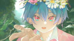 Rule 34 | 1boy, absurdres, blue eyes, blue hair, blue sky, cloud, cloudy sky, flower, forest, head wreath, highres, looking at viewer, male focus, multicolored eyes, nature, non porn, open mouth, original, purple eyes, short hair, sky, solo, tree, yonab, yonab (yonab)