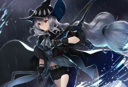 Rule 34 | 1girl, arknights, belt, belt buckle, black belt, black gloves, black hat, bow (weapon), buckle, buttons, clothing cutout, commentary request, eyelashes, gloves, grey hair, hair between eyes, hajika, hat, highres, long hair, navel, parted lips, rain, red eyes, skadi (arknights), solo, teeth, thigh cutout, very long hair, weapon