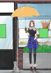 Rule 34 | 1girl, ankle boots, boots, cat, full body, gloves, highres, kitten, looking away, original, pantyhose, plaid, plaid skirt, rain, scarf, skirt, solo, standing, tumekui, umbrella