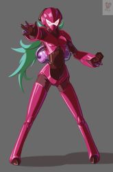 Rule 34 | 1girl, aiming, arm cannon, armor, bodysuit, bubblegum crisis, clenched hand, commentary, covered face, english commentary, full body, green hair, grey background, hardsuit, helmet, joakim sandberg, long hair, long legs, outstretched arm, pigeon-toed, power armor, solo, standing, visor, weapon