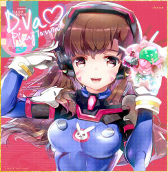 Rule 34 | 1girl, animal print, bodysuit, bracer, breasts, brown eyes, brown hair, character name, cuffs, d.va (overwatch), english text, facepaint, facial mark, gloves, glowing, hand on headphones, headphones, heco (mama), high collar, holding, long hair, looking at viewer, matching hair/eyes, mecha, medium breasts, meka (overwatch), model, open mouth, overwatch, overwatch 1, pilot suit, rabbit print, red background, ribbed bodysuit, robot, shoulder pads, signature, skin tight, smile, solo, swept bangs, upper body, whisker markings, white gloves, yellow eyes