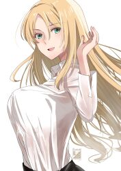 Rule 34 | 1girl, alternate costume, blonde hair, blue eyes, breasts, collared shirt, dress shirt, hair between eyes, highres, kantai collection, kimura shiki, large breasts, long hair, looking at viewer, nelson (kancolle), one-hour drawing challenge, shirt, simple background, smile, solo, upper body, white background, white shirt