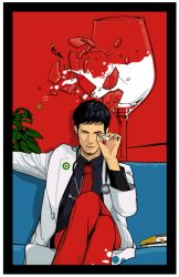 Rule 34 | 1boy, alternate costume, blue upholstery, contemporary, couch, cup, doctor, drinking glass, exb, glass, lab coat, male focus, medical, necktie, one piece, pants, red neckwear, red pants, scalpel, sitting, stethoscope, trafalgar law, wine glass