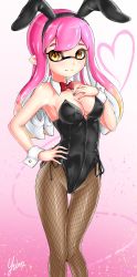 Rule 34 | 1girl, artist name, black leotard, black pantyhose, bow, bowtie, breasts, cleavage, closed mouth, collar, commentary, cowboy shot, detached collar, fishnet pantyhose, fishnets, gradient hair, hand on own chest, hand on own hip, heart, highres, inkling, inkling girl, inkling player character, legs, leotard, light particles, long hair, looking at viewer, mask, medium breasts, multicolored hair, nintendo, orange eyes, orange hair, pantyhose, pink hair, playboy bunny, pointy ears, red bow, red bowtie, side-tie leotard, signature, smile, solo, standing, strapless, strapless leotard, swept bangs, tentacle hair, thigh gap, white collar, wing collar, wrist cuffs, yuito (yuitokobunasbs0)
