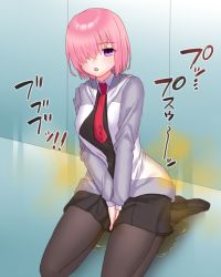 Rule 34 | 1girl, between legs, black footwear, black pantyhose, black skirt, black sweater, blush, breasts, embarrassed, fart, fate/grand order, fate (series), female focus, full body, grey jacket, hair over one eye, half-closed eyes, hand between legs, indoors, jacket, japanese text, long sleeves, looking at viewer, mash kyrielight, medium breasts, miniskirt, necktie, own hands together, pantyhose, peeing, peeing self, pink hair, pleated skirt, puddle, purple eyes, red necktie, seiza, shirt, shoes, short hair, sitting, skirt, solo, sweat, sweater, translation request, v arms, wet, wet clothes, white shirt