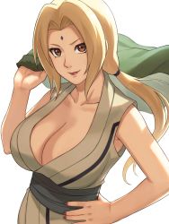 Rule 34 | 1girl, blonde hair, breasts, breasts day, brown eyes, cleavage, commentary request, eyeliner, facial mark, fingernails, forehead mark, hand on own hip, highres, jacket, unworn jacket, japanese clothes, large breasts, lips, lipstick, looking at viewer, low ponytail, makeup, nail polish, naruto, naruto (series), sash, sleeveless, solo, tsunade (naruto), yuko666