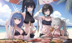 Rule 34 | 4girls, alternate costume, arius squad (blue archive), arm up, atsuko (blue archive), beach, bikini, black bikini, black choker, black hair, black shorts, blue archive, blue sky, breasts, brown eyes, choker, closed mouth, cloud, cloudy sky, commentary request, day, earrings, eating, food, frilled bikini, frills, green hair, grey eyes, greyscale, hair over one eye, halterneck, hands up, high ponytail, highleg, highleg bikini, highres, hiyori (blue archive), holding, holding food, jewelry, long hair, looking at food, looking at viewer, low twintails, meat, medium breasts, misaki (blue archive), monochrome, multiple girls, navel, ocean, one eye covered, open mouth, outdoors, ponytail, ryouta (ryouta335), saori (blue archive), shorts, side ponytail, sidelocks, sky, steak, string bikini, stud earrings, summer, swimsuit, twintails, v