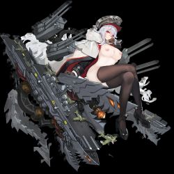 Rule 34 | 1girl, aircraft, azur lane, black gloves, black thighhighs, bottomless, breasts, cape, cleavage, cross, deck, gloves, graf zeppelin (azur lane), gun, hair between eyes, hat, highres, iron cross, large breasts, long hair, looking at viewer, military, military uniform, naked cape, nipples, no bra, no panties, peaked cap, red eyes, shur2d2, silver hair, solo, thighhighs, uniform, weapon