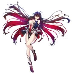 Rule 34 | 1girl, bare shoulders, black dress, black hair, breasts, counter:side, dress, full body, high heels, highres, large breasts, long hair, multicolored hair, official art, red eyes, red hair, revealing clothes, shin jia, simple background, solo, tachi-e, very long hair, white background