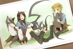Rule 34 | 00s, 2boys, animal ears, bad id, bad pixiv id, black hair, blonde hair, closed eyes, dog, dog ears, father and son, flynn scifo, fumio (kanmi), green eyes, highres, lambert, laughing, long hair, multiple boys, official alternate costume, open mouth, repede (tales), tales of (series), tales of vesperia, tales of vesperia: the first strike, uniform, yuri lowell