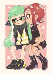 Rule 34 | 2girls, agent 3 (splatoon), agent 8 (splatoon), asymmetrical sleeves, bad id, bad twitter id, bike shorts, black footwear, black shirt, black shorts, black skirt, blouse, blunt bangs, blush, boots, bracelet, capelet, closed mouth, commentary request, crop top, dark-skinned female, dark skin, embarrassed, frown, gomi (kaiwaresan44), green eyes, green hair, headgear, heart, high-visibility vest, holding hands, inkling, inkling girl, inkling player character, invisible chair, jewelry, long hair, long sleeves, looking at another, midriff, miniskirt, multiple girls, navel, nintendo, octoling, octoling player character, outside border, pencil skirt, pink background, pointy ears, shirt, shoes, short hair, shorts, sitting, skirt, solo, splatoon (series), splatoon 1, splatoon 2, splatoon 2: octo expansion, squidbeak splatoon, sweatdrop, tentacle hair, thigh strap, uneven sleeves, vest, yellow vest, yuri, zipper