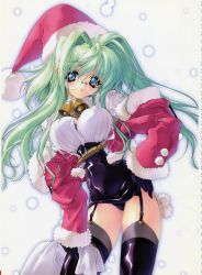 Rule 34 | absurdres, bell, blue eyes, blush, breasts, christmas, coat, covered erect nipples, fur (clothing), garter belt, glasses, green eyes, green hair, hat, highres, large breasts, leaning forward, long hair, miwa yoshikazu, open mouth, santa costume, santa hat, solo, thigh gap, thighhighs, thighs, zipper