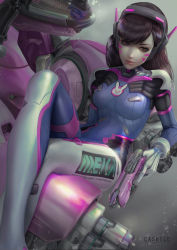 Rule 34 | 1girl, acronym, animal print, arm cannon, armor, artist name, bodysuit, boots, bracer, breasts, breasts apart, brown eyes, brown hair, cashile, character name, closed mouth, clothes writing, covered navel, crossed legs, d.va (overwatch), eyelashes, facepaint, facial mark, gatling gun, gloves, gun, handgun, headphones, holding, holding gun, holding weapon, lips, long hair, long sleeves, looking at viewer, mecha, medium breasts, meka (overwatch), overwatch, overwatch 1, pauldrons, pilot suit, pink lips, rabbit print, ribbed bodysuit, robot, shoulder armor, shoulder pads, sitting, skin tight, solo, thigh boots, thigh strap, thighhighs, trigger discipline, turtleneck, watermark, weapon, web address, whisker markings, white footwear, white gloves