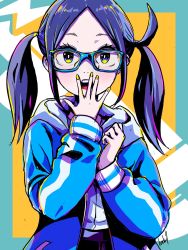 Rule 34 | 1girl, blue-framed eyewear, blue eyes, blue jacket, commentary request, forehead, glasses, hand to own mouth, hands up, harada yuuichi, highres, hood, hood down, hooded jacket, jacket, long hair, long sleeves, nail polish, open mouth, original, parted bangs, puffy long sleeves, puffy sleeves, purple hair, purple skirt, shirt, sidelocks, skirt, sleeves past wrists, solo, teeth, twintails, upper teeth only, white shirt, yellow nails