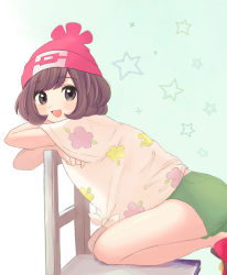 Rule 34 | 1girl, :d, beanie, blush, brown eyes, brown hair, chair, commentary, creatures (company), eyelashes, floral print, from side, game freak, green shorts, hat, highres, kneeling, looking at viewer, nasakixoc, nintendo, open mouth, pokemon, pokemon sm, red footwear, red hat, selene (pokemon), shirt, shoes, short hair, short sleeves, shorts, smile, solo, star (symbol), tongue
