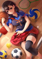 Rule 34 | 1girl, absurdres, anklet, ball, baseball bat, basketball, basketball (object), basketball uniform, bike shorts, black hair, black shorts, blush, breasts, brown eyes, buttons, closed mouth, clothes writing, handball, highres, japanese flag, jewelry, leg warmers, long hair, low twintails, lying, medium breasts, moe2017, nicoby, on back, on floor, original, paddle, pleated skirt, racket, red skirt, short sleeves, shorts, shorts under skirt, skirt, smile, soccer ball, soccer uniform, solo, sportswear, strap slip, sweatband, table tennis ball, table tennis paddle, tareme, tennis ball, tennis racket, twintails, volleyball (object), wing collar, wooden floor