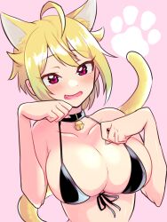 Rule 34 | 1girl, ahoge, animal ears, bare arms, bare shoulders, bell, bikini, black bikini, black choker, blonde hair, blush, breasts, cat ears, cat tail, choker, cleavage, collarbone, eyelashes, fang, flipped hair, hair between eyes, hands up, highres, ibuki tsubasa, idolmaster, idolmaster million live!, jingle bell, large breasts, looking at viewer, neck bell, niwatori8552, open mouth, paw pose, pink background, pink eyes, short hair, simple background, smile, solo, swimsuit, tail, tail raised, upper body