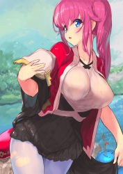 Rule 34 | 1girl, :&lt;, absurdres, armor, blue eyes, breasts, coat, cowboy shot, creature, dress, hat, highres, holding, holding clothes, kirikawa ikumu, large breasts, looking to the side, medium hair, open mouth, original, pantyhose, pauldrons, pink hair, pleated dress, see-through, shoulder armor, side ponytail, sidelocks, slime (creature), solo focus, standing, torn clothes, torn legwear, water drop, wet, wet clothes, wet dress, white pantyhose, wide sleeves