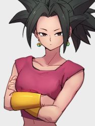 Rule 34 | 1girl, black hair, brown eyes, closed mouth, collarbone, crossed arms, dragon ball, dragon ball super, earrings, grey background, jewelry, kefla (dragon ball), kemachiku, looking at viewer, potara earrings, short hair, simple background, solo, upper body